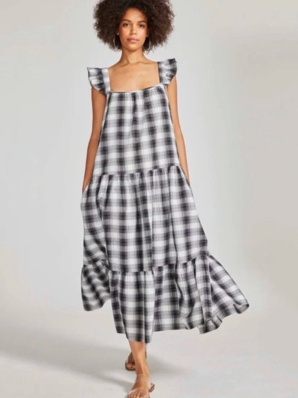 BB Dakota Steve Madden Prairie Life Tiered Seersucker Plaid Dress with Ruffle